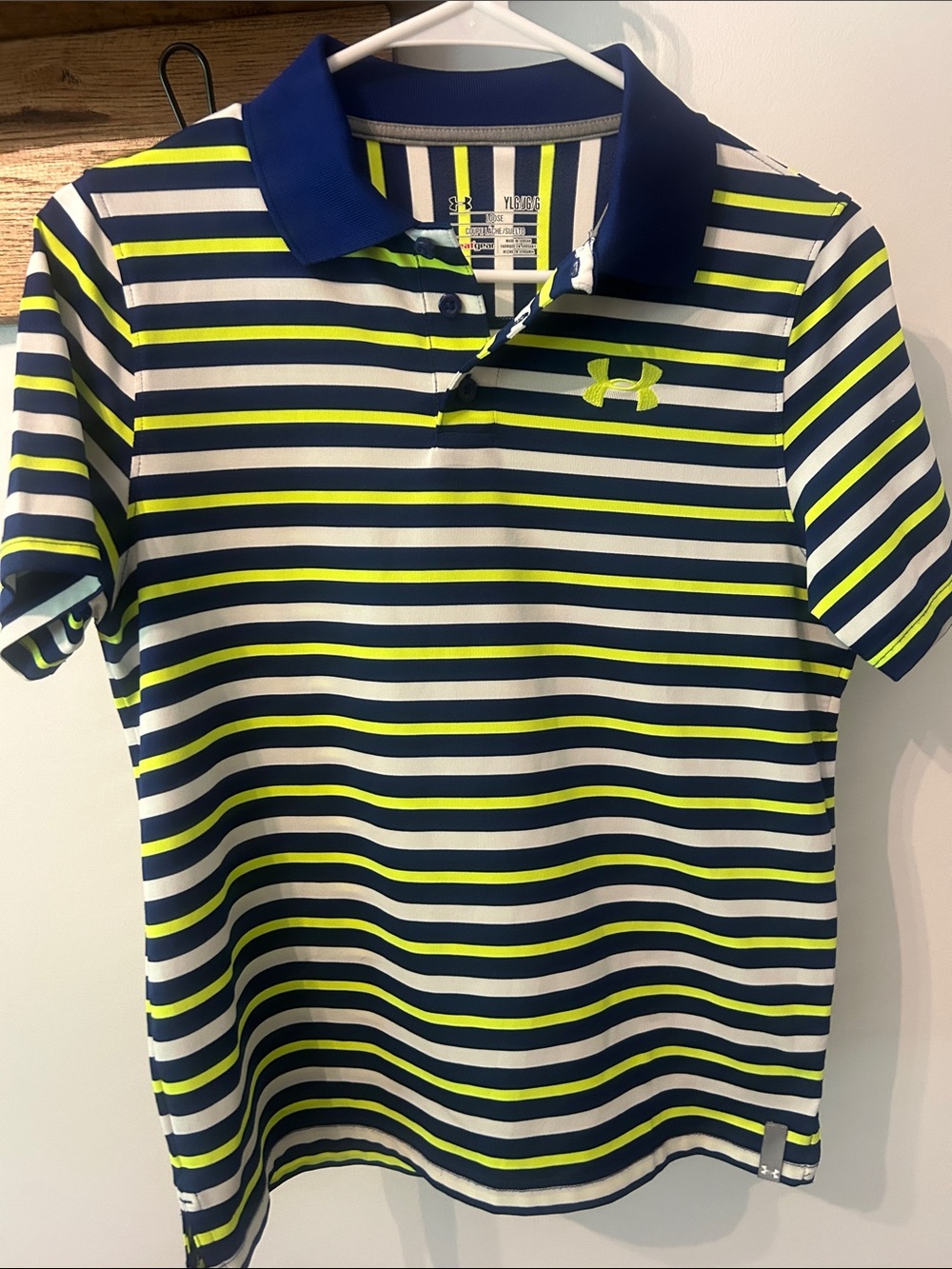 Under Armour Boys' Navy, White & Neon Yellow Striped Polo - Picture 1 of 3